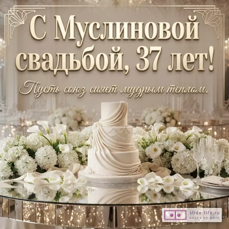 Бежевый фон, золотая рамка, белый свадебный торт, белые цветы. Надпись: «С Муслиновой свадьбой, 37 лет! Пусть союз сияет мудрым теплом.»