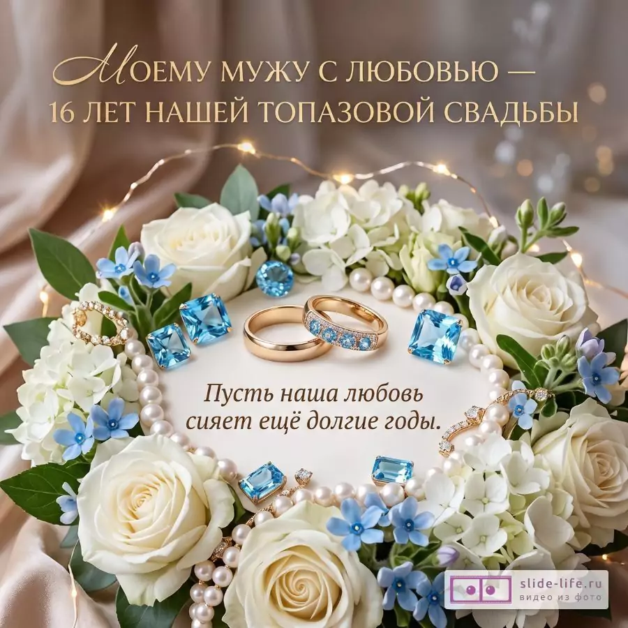 Бежево-кремовый фон, белые розы, голубые цветы, жемчуг, золотые кольца и голубые камни. Текст: «Моему мужу с любовью — 16 лет нашей топазовой свадьбы» и «Пусть наша любовь сияет ещё долгие годы.»