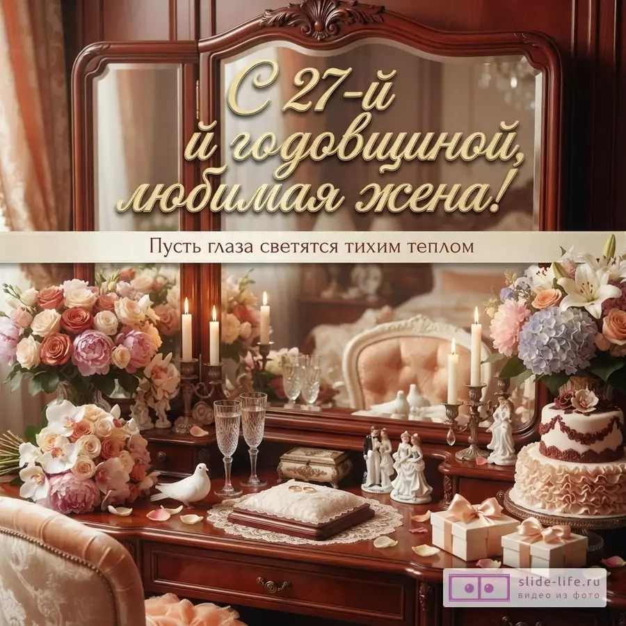 Изображение с зеркалом в деревянной раме, на котором отражается текст «С 27-й годовщиной, любимая жена!». Ниже на ленте текст «Пусть глаза светятся тихим теплом». На столе букеты цветов, свечи, бокалы, подушечка с кольцами, статуэтки, торт и подарки.