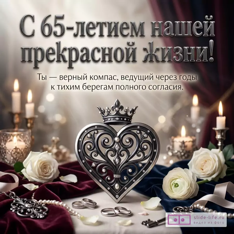 Открытка с текстом «С 65-летием нашей прекрасной жизни! Ты — верный компас, ведущий через годы к тихим берегам полного согласия.», светлый размытый фон, свечи, белые розы, кольца, жемчуг, ключ, металлическое сердце с короной