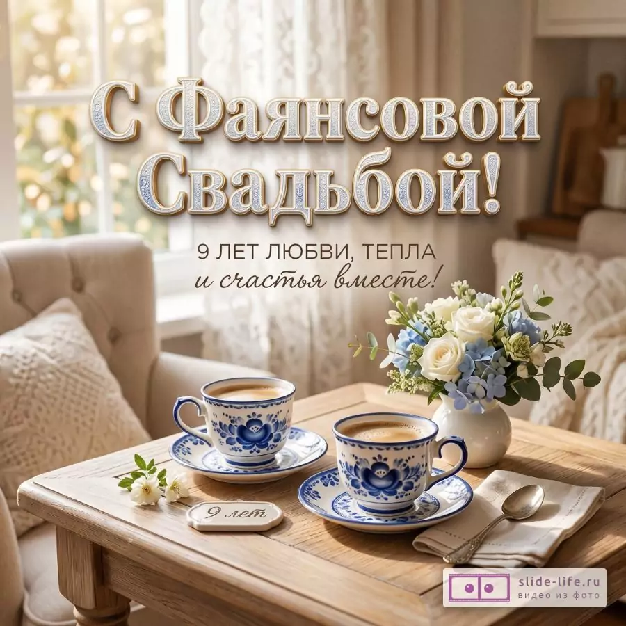 Бежево-кремовый интерьер, деревянный стол, две сине-белые чашки, букет бело-голубых цветов. Текст: «С Фаянсовой Свадьбой!», «9 ЛЕТ ЛЮБВИ, ТЕПЛА и счастья вместе!», «9 лет».