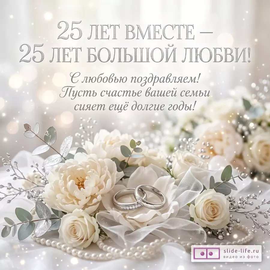 Светлый бежево-серебристый фон, белые цветы, жемчуг и обручальные кольца; текст «25 лет вместе — 25 лет большой любви! С любовью поздравляем! Пусть счастье вашей семьи сияет ещё долгие годы!»