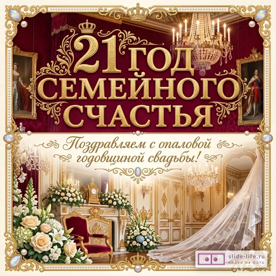 Бордовый и кремово-золотой фон, декоративная рама, люстры, картины, цветы, кресло, свадебная фата. Текст: «21 год семейного счастья», «Поздравляем с опаловой годовщиной свадьбы!»