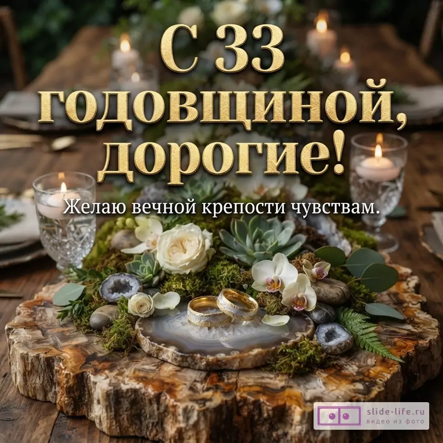 Стол из дерева, на нем композиция из мха, цветов и камней, два обручальных кольца. На заднем плане свечи. Текст «С 33 годовщиной, дорогие! Желаю вечной крепости чувствам.»