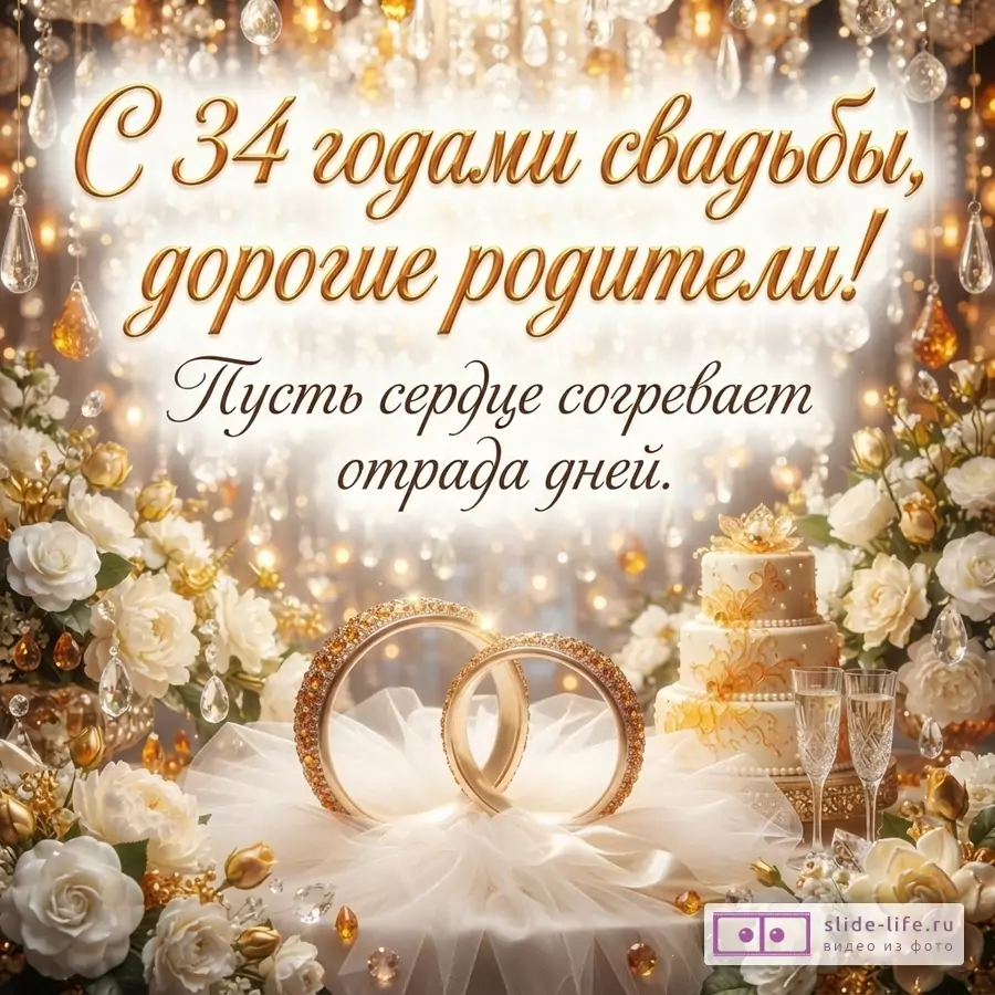 Открытка с золотистым фоном, блестящими элементами, белыми розами, обручальными кольцами, свадебным тортом и бокалами. Текст: «С 34 годами свадьбы, дорогие родители! Пусть сердце согревает отрада дней.»