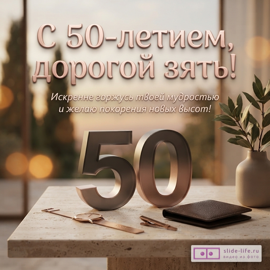 Фон размытый, светлый. На переднем плане бежевый стол, на нем часы, зажим для галстука, кошелек, ваза с веткой. В центре стола объемные цифры 50. Текст сверху «С 50-летием, дорогой зять! Искренне горжусь твоей мудростью и желаю покорения новых высот!»
