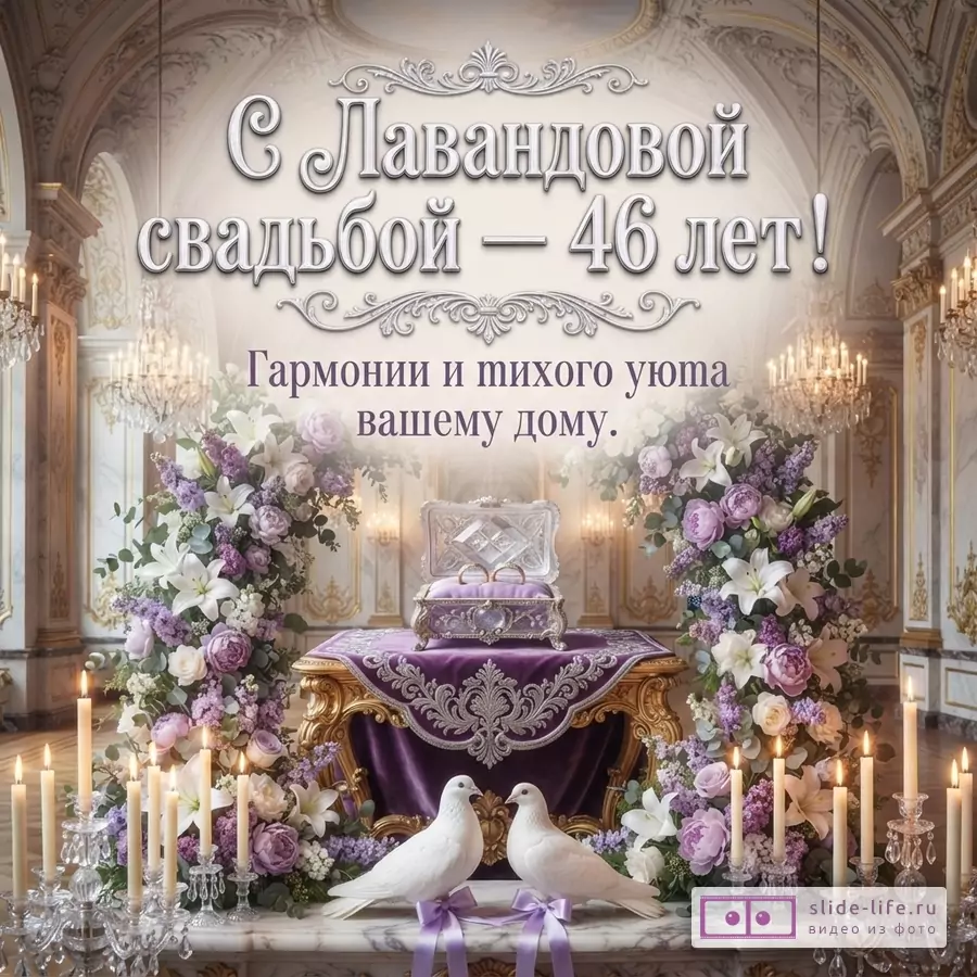 Открытка с Лавандовой свадьбой. Фон светлый, интерьер дворца. В центре стол с фиолетовой скатертью, на нем шкатулка с кольцами. По бокам стола цветочные композиции из сиреневых и белых цветов. На переднем плане две белые голубки и свечи. Текст «С Лавандовой свадьбой — 46 лет! Гармонии и тихого уюта вашему дому.»