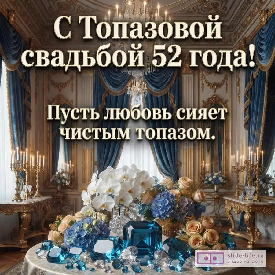 Темно-синий зал с люстрами, свечами, цветами и столом с голубыми кристаллами. Текст «С Топазовой свадьбой 52 года! Пусть любовь сияет чистым топазом.»