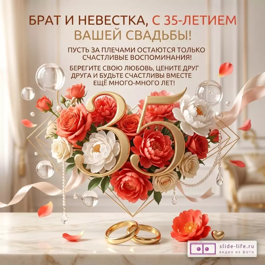 Бежевый фон, цветы, золотые цифры «35», обручальные кольца. Текст: «БРАТ И НЕВЕСТКА, С 35-ЛЕТИЕМ ВАШЕЙ СВАДЬБЫ! ПУСТЬ ЗА ПЛЕЧАМИ ОСТАЮТСЯ ТОЛЬКО СЧАСТЛИВЫЕ ВОСПОМИНАНИЯ! БЕРЕГИТЕ СВОЮ ЛЮБОВЬ»