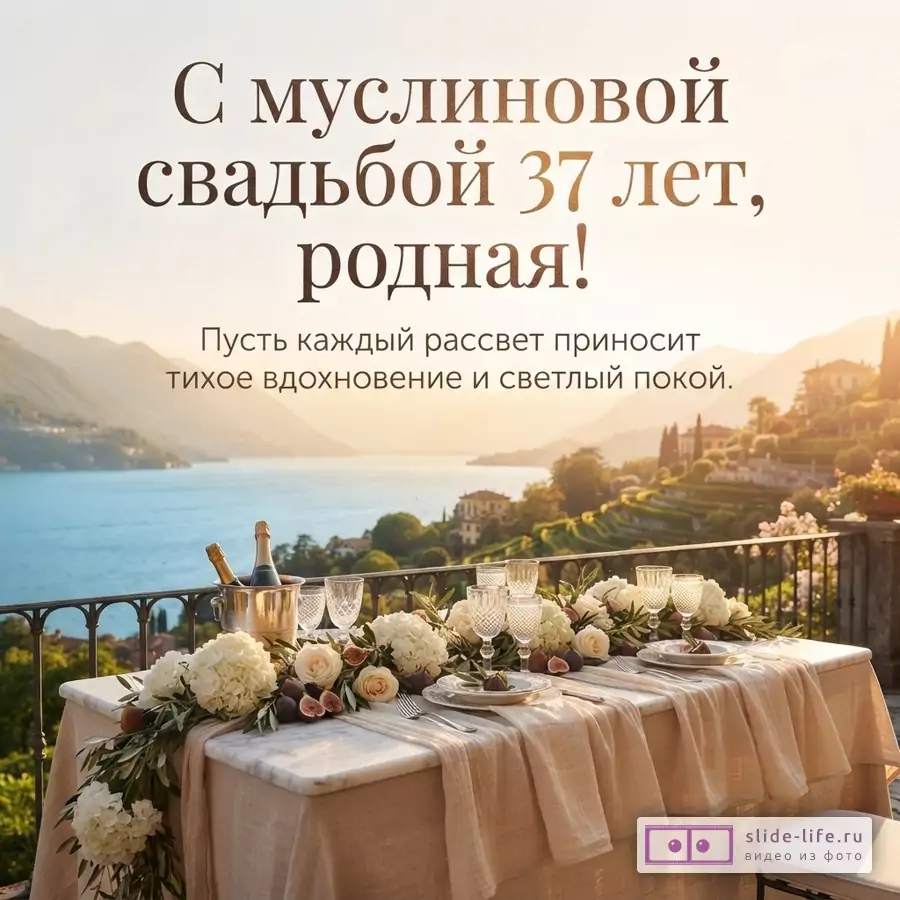 Открытка с видом на озеро и горы, на переднем плане сервированный стол с цветами. Текст: «С муслиновой свадьбой 37 лет, родная! Пусть каждый рассвет приносит тихое вдохновение и светлый покой.»