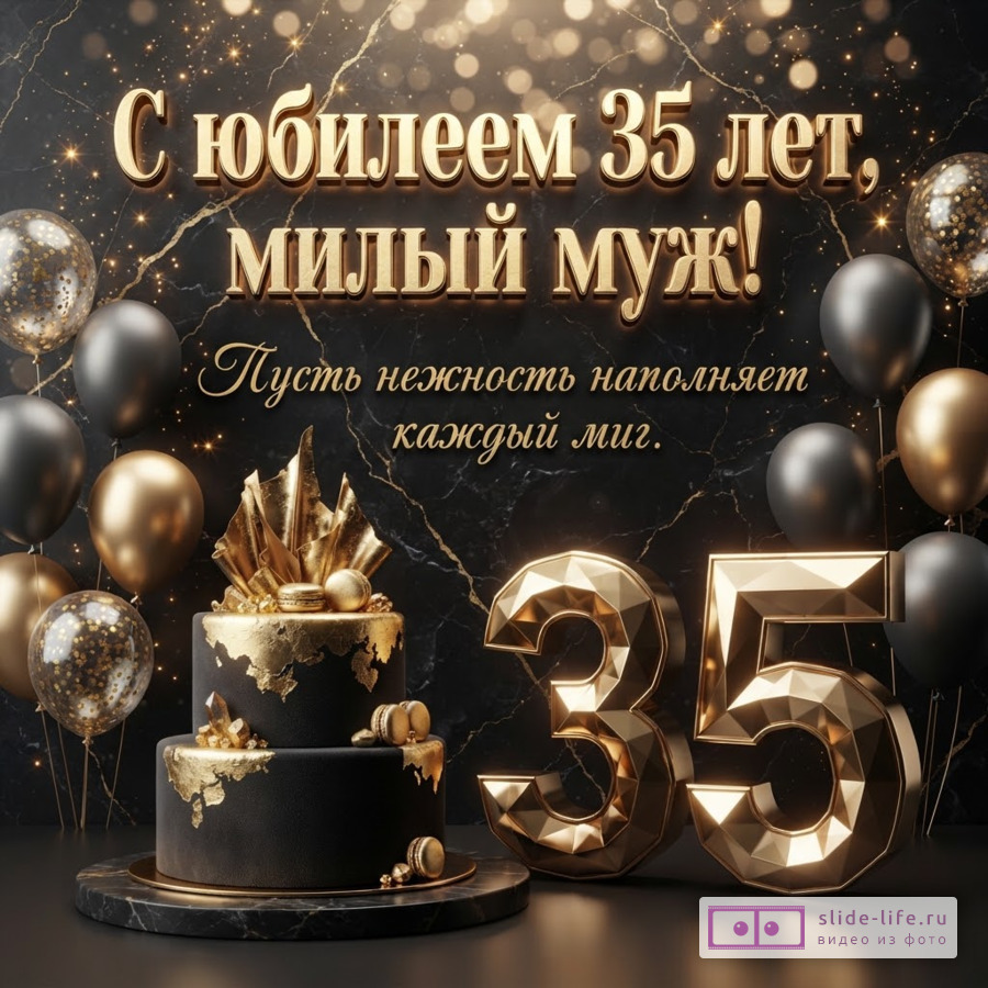 Черный двухъярусный торт с золотом, объемная цифра 35 и воздушные шары с текстом «С юбилеем 35 лет, милый муж! Пусть нежность наполняет каждый миг.»