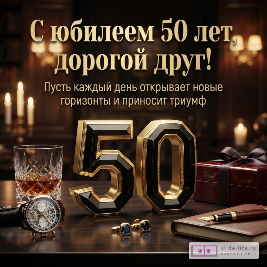 Открытка с юбилеем 50 лет на фоне интерьера кабинета. На переднем плане золотые цифры «50», стакан с виски, часы, запонки, блокнот и ручка. Текст: «С юбилеем 50 лет, дорогой друг! Пусть каждый день открывает новые горизонты и приносит триумф»