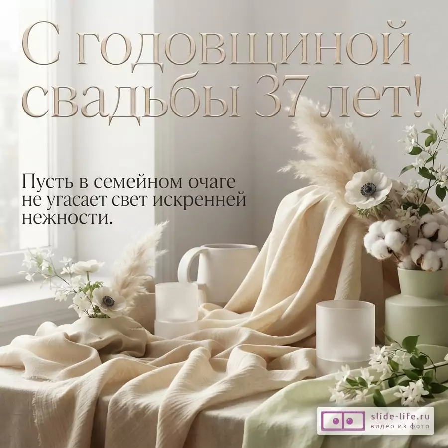Бежевый фон, на переднем плане стол с бежевой и светло-зеленой тканью, вазы с цветами и свечи. Текст: «С годовщиной свадьбы 37 лет! Пусть в семейном очаге не угасает свет искренней нежности.»