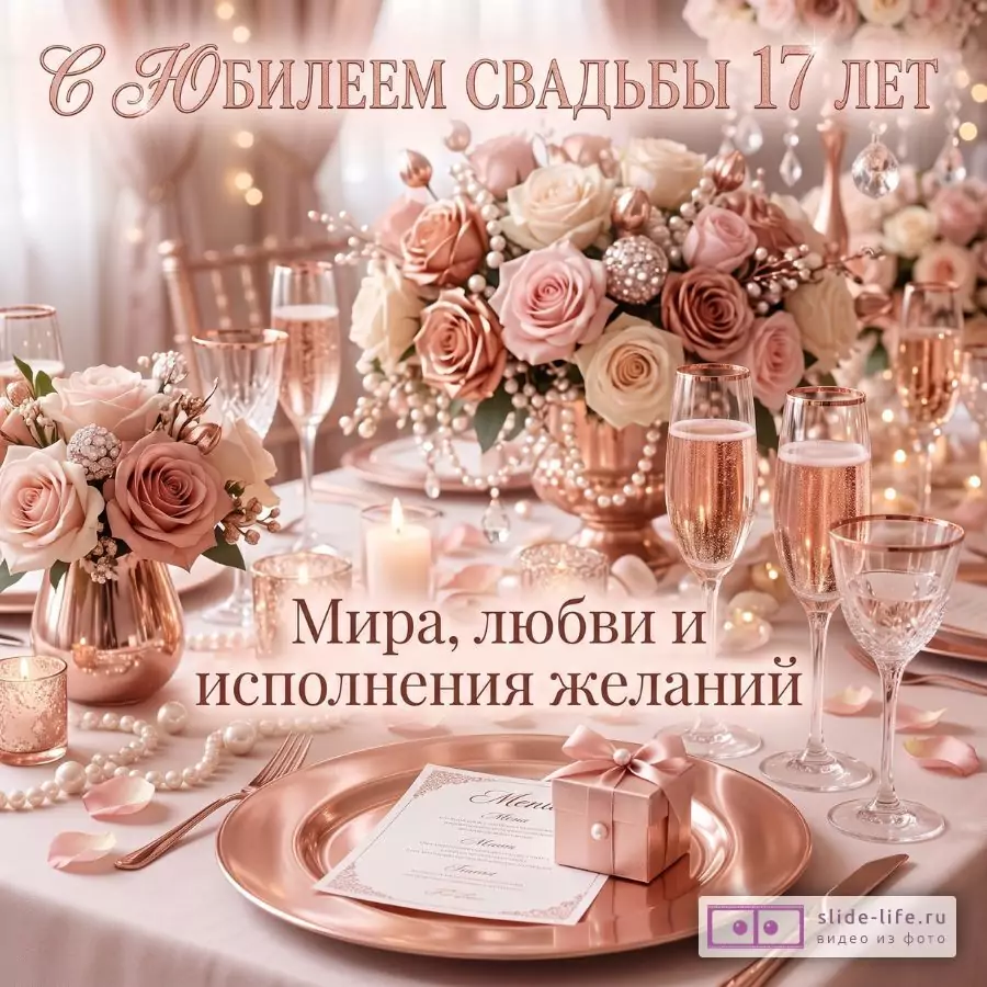 Розово-бежевый свадебный стол с розами, свечами, бокалами и подарком; текст «С ЮБИЛЕЕМ СВАДЬБЫ 17 ЛЕТ», «Мира, любви и исполнения желаний».