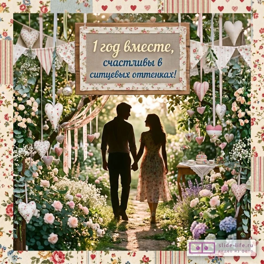 Поздравление с 1-й годовщиной свадьбы — Открытка с ситцевыми мотивами