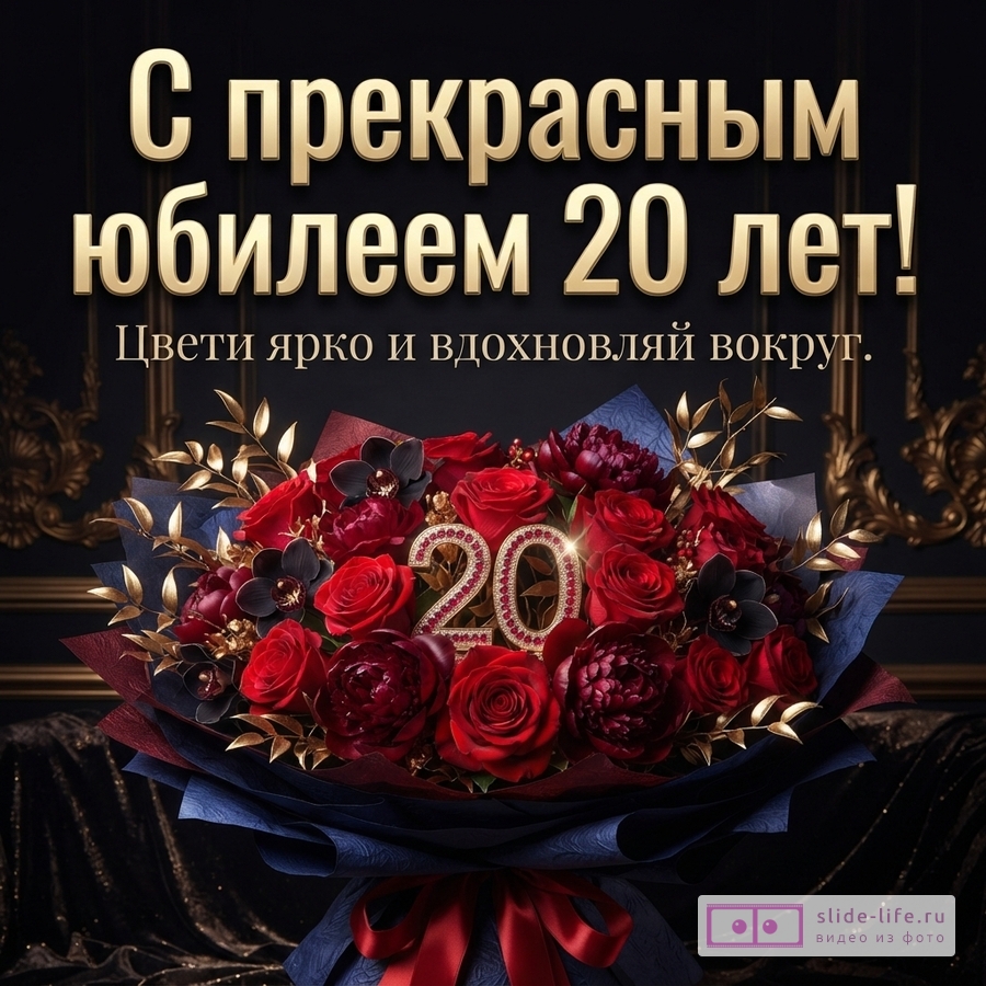 Тёмный фон, золотой текст «С прекрасным юбилеем 20 лет! Цвети ярко и вдохновляй вокруг.», красно-бордовый букет с золотыми листьями и цифрами 20.
