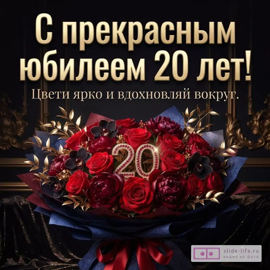 Тёмный фон, золотой текст «С прекрасным юбилеем 20 лет! Цвети ярко и вдохновляй вокруг.», красно-бордовый букет с золотыми листьями и цифрами 20.
