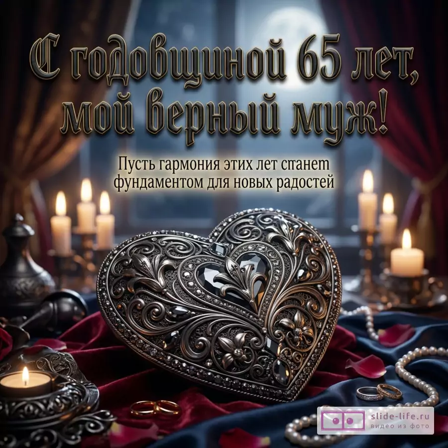 Открытка с темным сине-бордовым фоном, свечами, шторами, декоративным металлическим сердцем, кольцами и жемчугом, текст: «С годовщиной 65 лет, мой верный муж! Пусть гармония этих лет станет фундаментом для новых радостей»