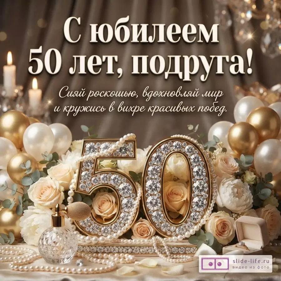 Фон коричневый, золотые и белые шары, свечи. В центре золотые цифры «50» с бриллиантами и жемчугом, розы. Текст «С юбилеем 50 лет, подруга! Сияй роскошью, вдохновляй мир и кружись в вихре красивых побед.»