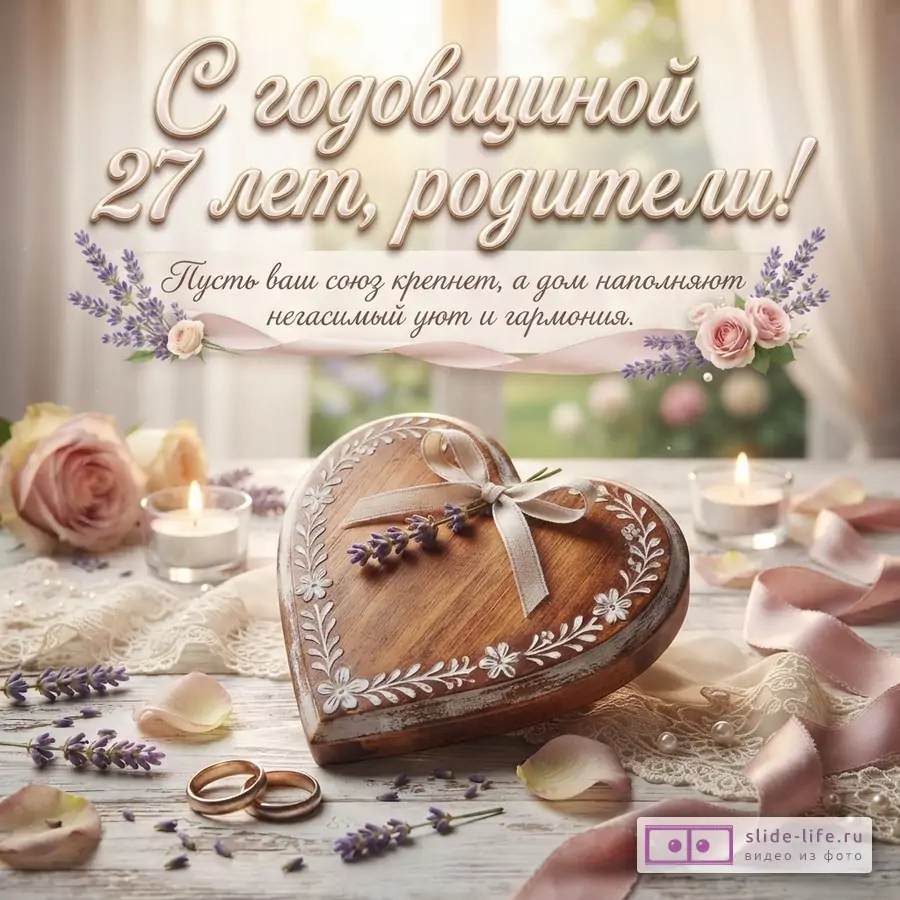 Открытка с бежевым фоном, сверху надпись «С годовщиной 27 лет, родители!», ниже «Пусть ваш союз крепнет, а дом наполняют негасимый уют и гармония.». Внизу деревянная шкатулка в форме сердца, два обручальных кольца, свечи, лаванда и розовые лепестки.