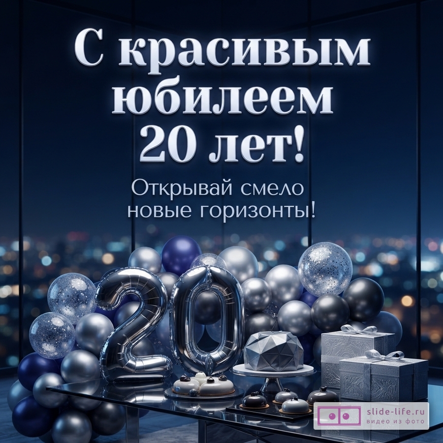 Темно-синий фон с видом на ночной город, на переднем плане стол с шарами в виде цифр «20», круглыми шарами, тортами и подарочными коробками. Текст: «С красивым юбилеем 20 лет! Открывай смело новые горизонты!»