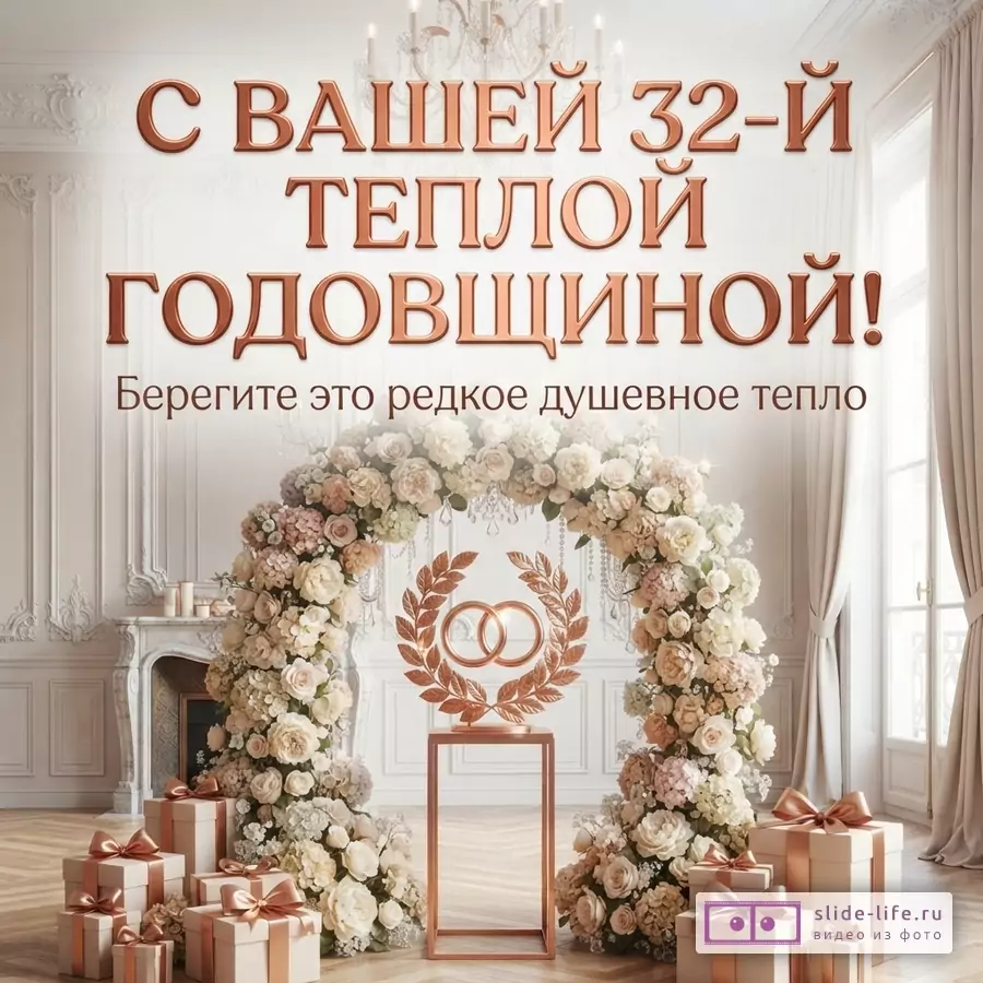 Белый фон, золотые буквы, цветочная арка, подарки. Текст: «С ВАШЕЙ 32-Й ТЕПЛОЙ ГОДОВЩИНОЙ! Берегите это редкое душевное тепло»