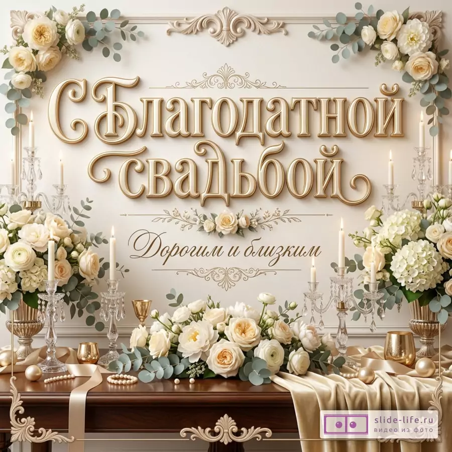 Светлый фон, золотой декоративный шрифт с текстом «С Благодатной свадьбой» и «Дорогим и близким», белые цветы, свечи, хрустальные подсвечники, ленты, золотой декор