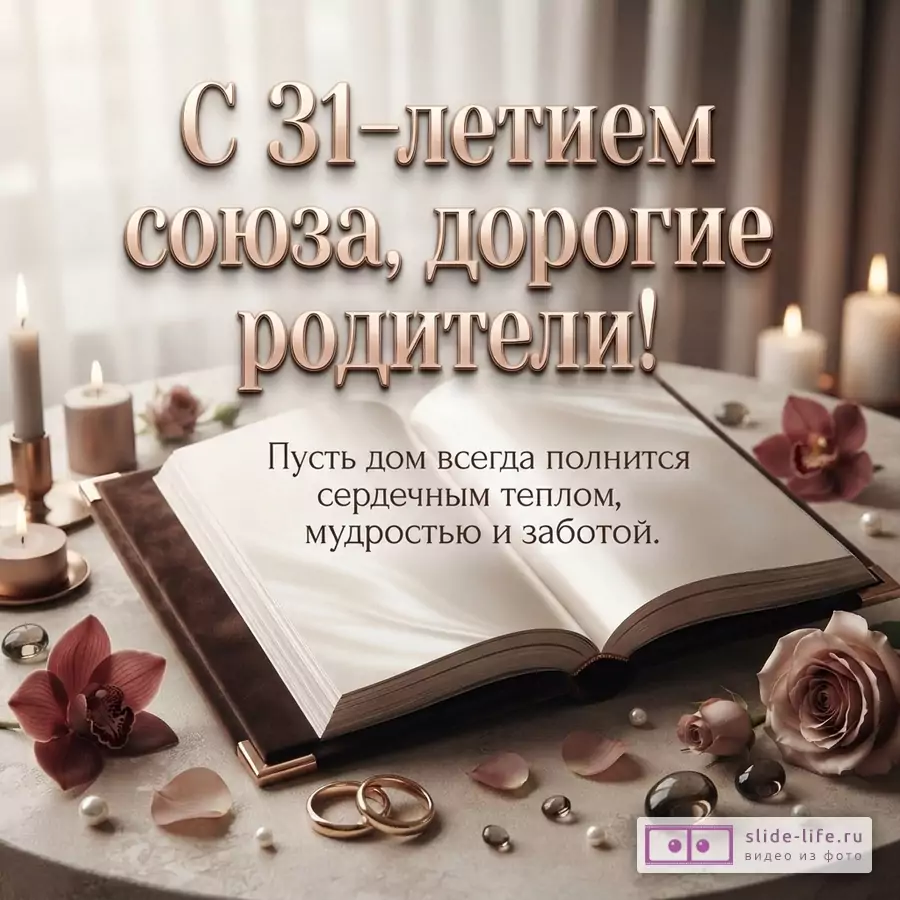 Текст «С 31-летием союза, дорогие родители! Пусть дом всегда полнится сердечным теплом, мудростью и заботой.» на светлом фоне, открытая книга, свечи, цветы, кольца.