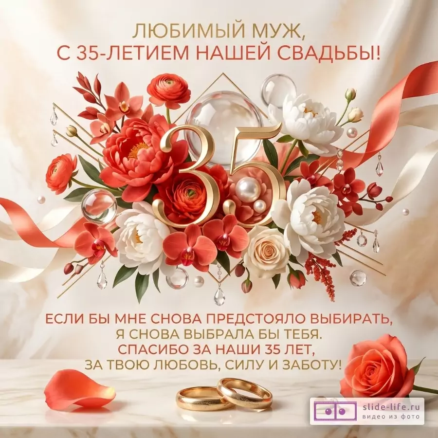 Бежевый фон, красно-белые цветы, золотая «35», ленты и кольца; текст: «ЛЮБИМЫЙ МУЖ, С 35-ЛЕТИЕМ НАШЕЙ СВАДЬБЫ!» и «ЕСЛИ БЫ МНЕ СНОВА ПРЕДСТОЯЛО ВЫБИРАТЬ...»