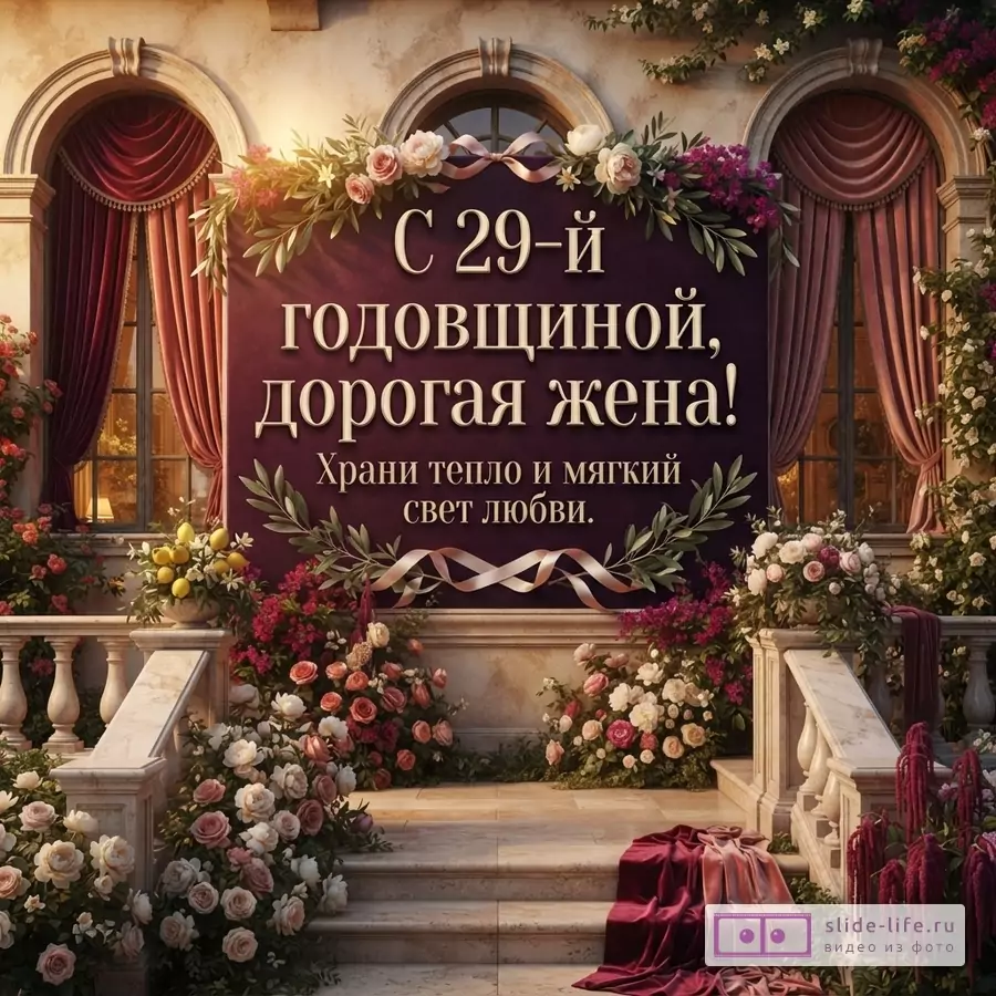 Фиолетовый фон, золотые буквы, цветочные гирлянды, окна с красными шторами, лестница с цветами. Текст: «С 29-й годовщиной, дорогая жена! Храни тепло и мягкий свет любви.»