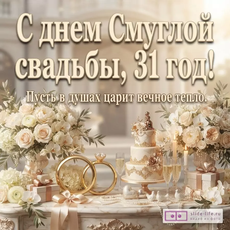 Бежево-золотая открытка с цветами, тортом, кольцами, свечами и подарками. Текст: «С днем Смуглой свадьбы, 31 год! Пусть в душах царит вечное тепло.»