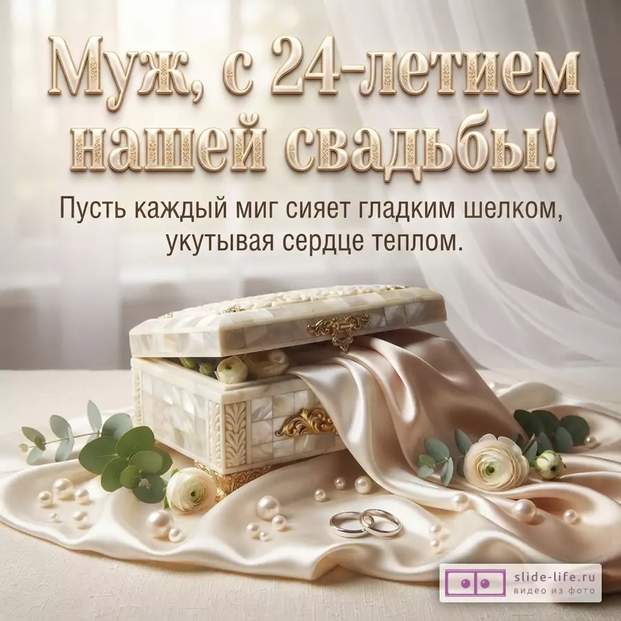 Перламутровая шкатулка, бежевый шелк, обручальные кольца и жемчужины с надписью «Муж, с 24-летием нашей свадьбы! Пусть каждый миг сияет гладким шелком, укутывая сердце теплом.»