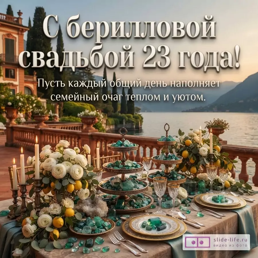 Праздничный стол с белыми цветами, лимонами, изумрудными камнями и видом на озеро с надписью «С бериллиевой свадьбой 23 года! Пусть каждый общий день наполняет семейный очаг теплом и уютом.»