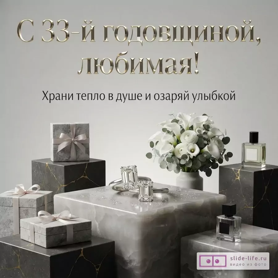 Светло-серый фон, золотые буквы, белые цветы, серые и черные мраморные кубы, кольца с бриллиантами, флаконы духов, подарочные коробки. Текст: «С 33-й годовщиной, любимая! Храни тепло в душе и озаряй улыбкой»