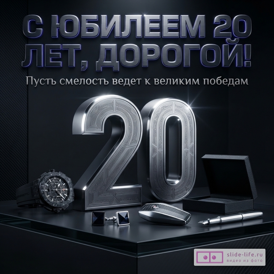Металлические цифры 20, наручные часы, запонки, автоключ и перьевая ручка на темном фоне с надписью «С юбилеем 20 лет, парень! Пусть смелость ведет к великим победам.»