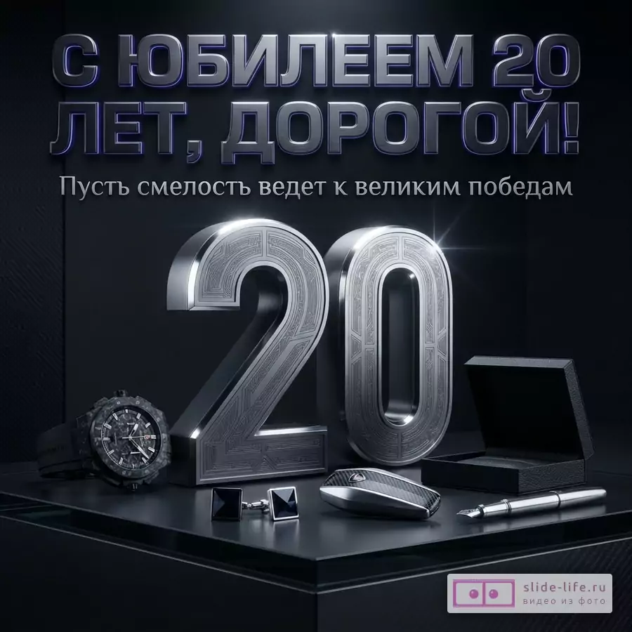 Металлические цифры 20, наручные часы, запонки, автоключ и перьевая ручка на темном фоне с надписью «С юбилеем 20 лет, парень! Пусть смелость ведет к великим победам.»