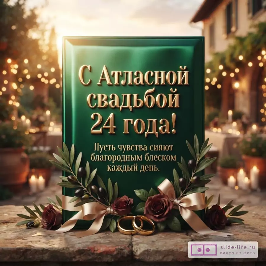 Зеленая атласная панель с золотыми кольцами, розами и надписью «С Атласной свадьбой 24 года! Пусть чувства сияют благородным блеском каждый день.» на фоне огней.