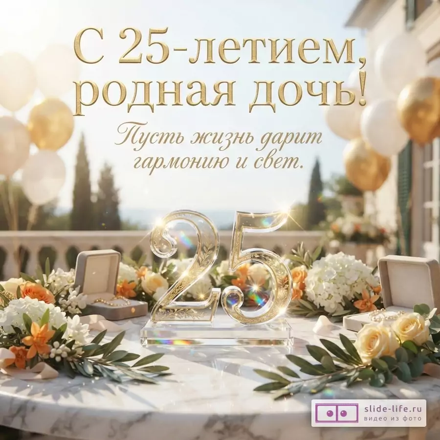 Стеклянная цифра 25 на мраморном столе с цветами, ювелирными коробочками и воздушными шарами с надписью «С 25-летием, родная дочь! Пусть жизнь дарит гармонию и свет.»