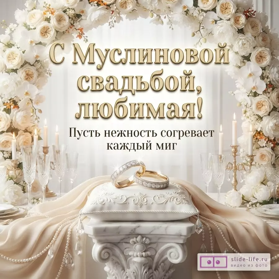 Белый фон, цветочная арка из белых роз, свечи, бокалы, обручальные кольца на подушечке. Текст: «С Муслиновой свадьбой, любимая! Пусть нежность согревает каждый миг»