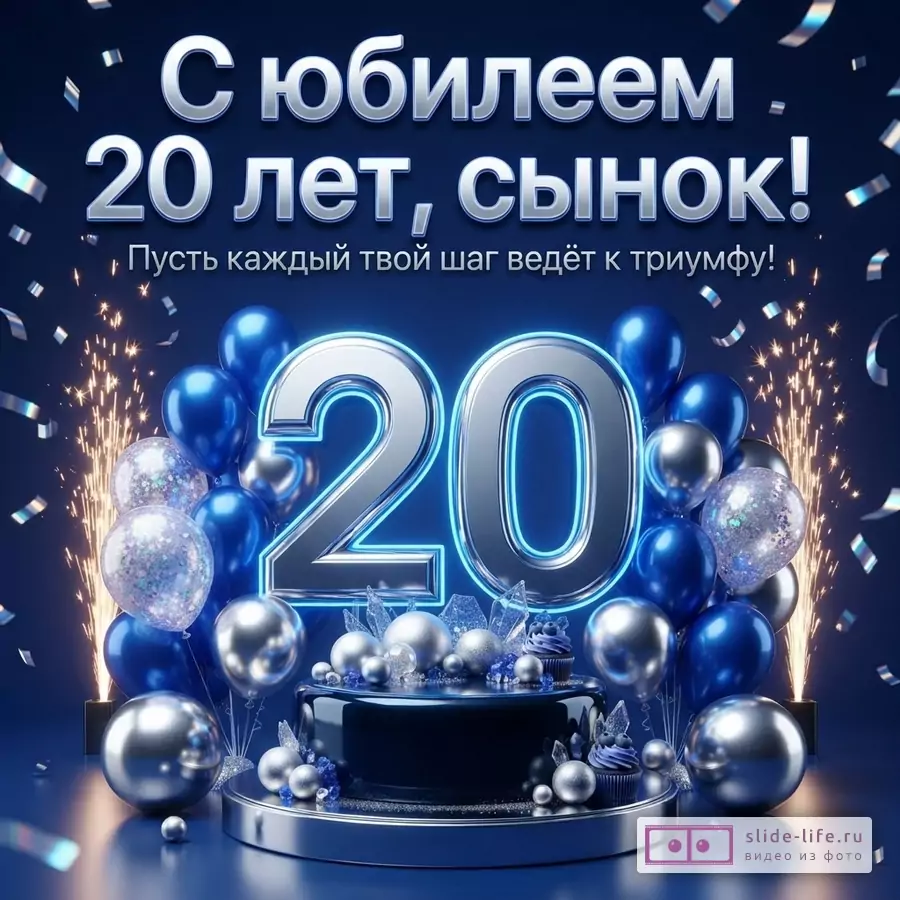 Объемная светящаяся цифра 20, синие и серебряные шары, торт и надпись «С юбилеем 20 лет, сынок! Пусть каждый твой шаг ведёт к триумфу!» на синем фоне.