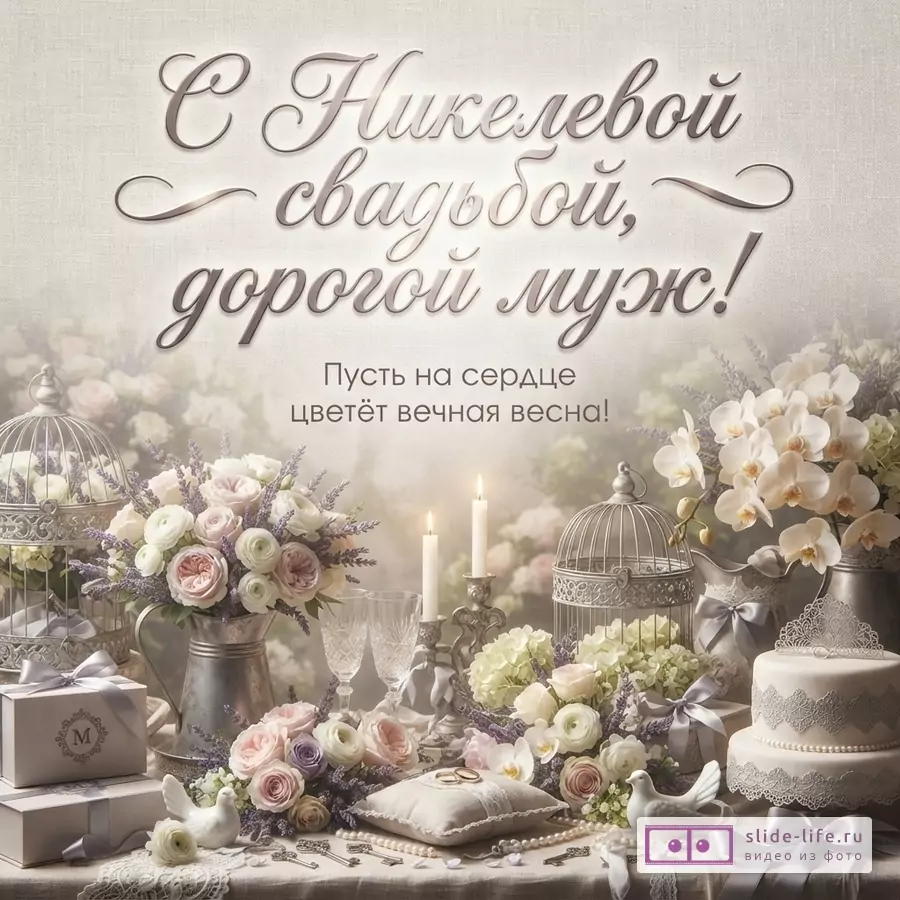 Открытка с бежевым фоном, на переднем плане праздничный стол с цветами, свечами, подарками и тортом. Текст: «С Никелевой свадьбой, дорогой муж! Пусть на сердце цветёт вечная весна!»