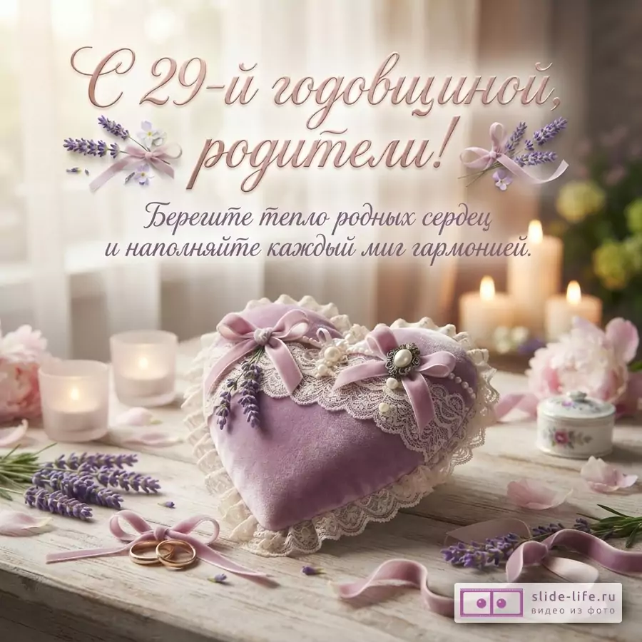 Открытка с сиреневым фоном, на котором изображено сиреневое бархатное сердце с кружевом и жемчугом, рядом лежат обручальные кольца и веточки лаванды. Сверху надпись «С 29-й годовщиной, родители!» и «Берегите тепло родных сердец и наполняйте каждый миг гармонией.»
