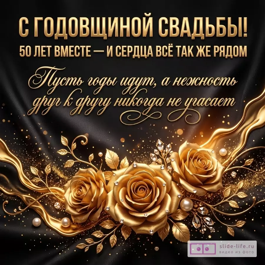 Черный фон, золотые розы, листья и сияющие завитки. Текст «С годовщиной свадьбы! 50 лет вместе — и сердца всё так же рядом. Пусть годы идут, а нежность друг к другу никогда не угасает»