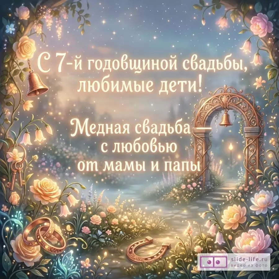 Открытка с медной свадьбой 7 лет — поздравление детям от мамы и папы с годовщиной свадьбы