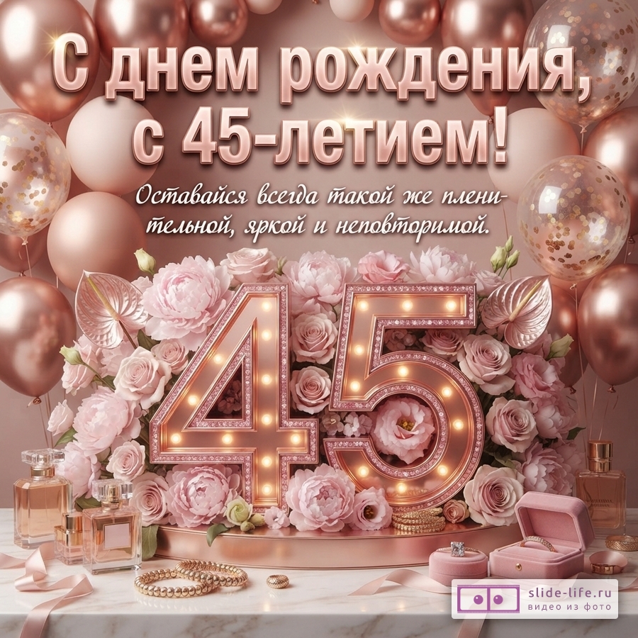 Фон из розовых и золотых воздушных шаров. В центре композиция из больших светящихся цифр «45», окруженных розовыми пионами и розами. На переднем плане флаконы духов, браслеты и шкатулки с украшениями. Текст: «С днем рождения, с 45-летием! Оставайся всегда такой же пленительной, яркой и неповторимой.»