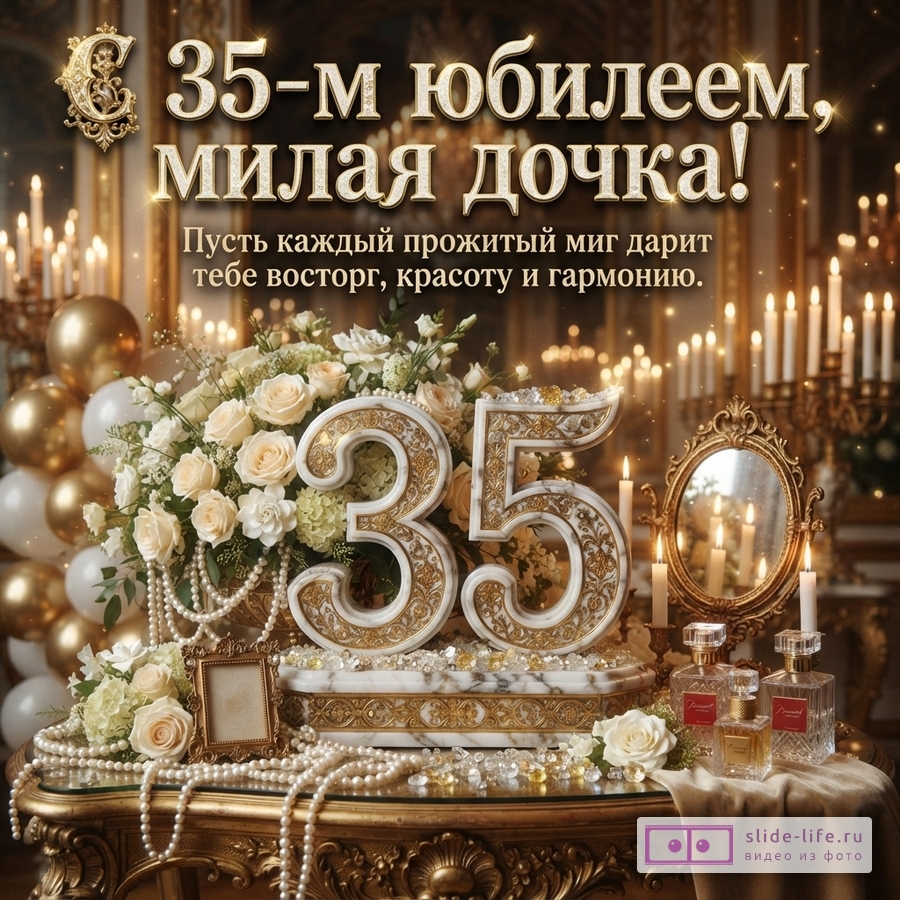 Мраморная цифра 35 с золотом на столике со свечами, розами и жемчугом. Вверху надпись: «С 35-м юбилеем, милая дочка! Пусть каждый прожитый миг дарит тебе восторг, красоту и гармонию.»