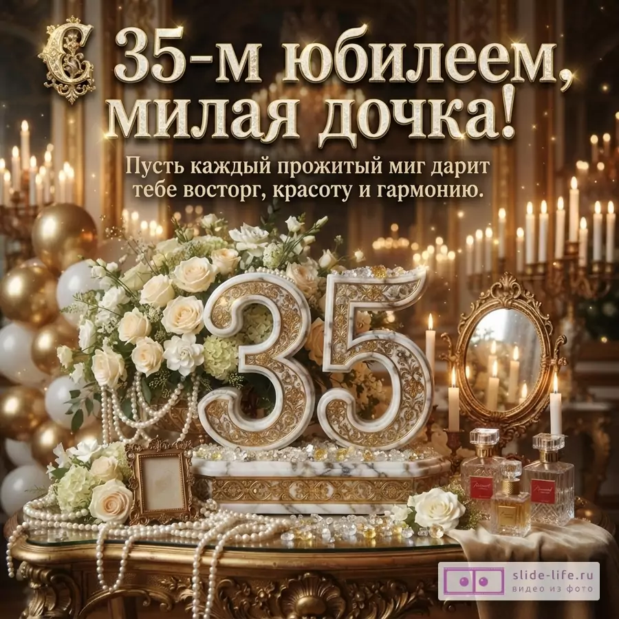 Мраморная цифра 35 с золотом на столике со свечами, розами и жемчугом. Вверху надпись: «С 35-м юбилеем, милая дочка! Пусть каждый прожитый миг дарит тебе восторг, красоту и гармонию.»