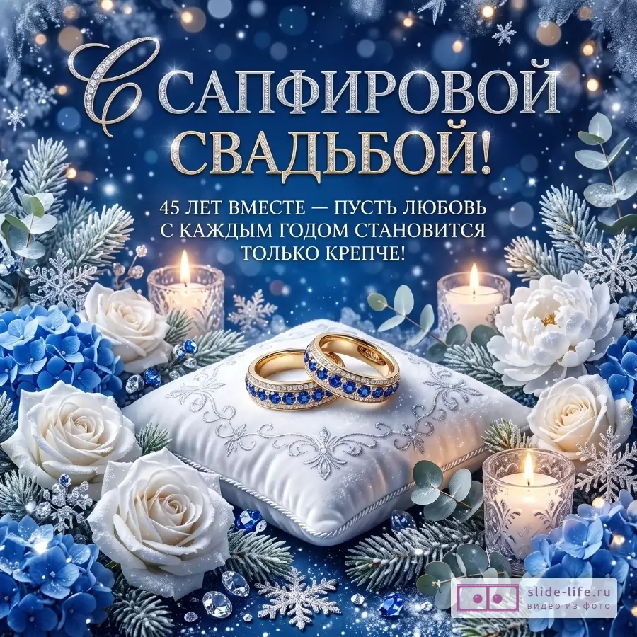 Синий фон, розы, свечи, еловые ветки, подушечка с двумя кольцами с синими камнями. Текст: «Сапфировой свадьбой! 45 лет вместе — пусть любовь с каждым годом становится только крепче!»