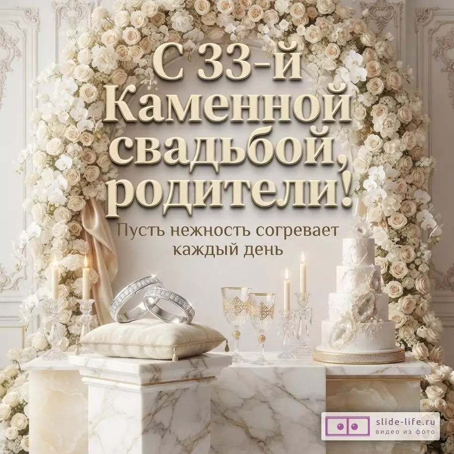 Белый фон, арка из белых роз и орхидей. На переднем плане обручальные кольца на подушке, бокалы, свечи, многоярусный торт. Текст «С 33-й Каменной свадьбой, родители! Пусть нежность согревает каждый день»