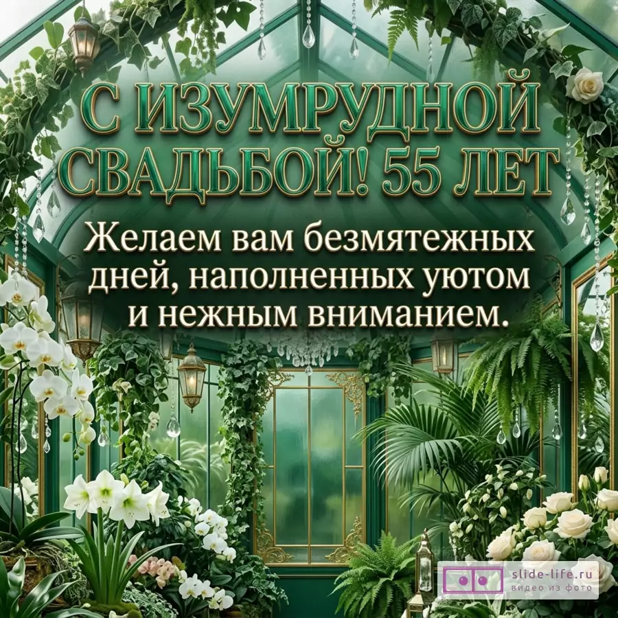 Зеленая открытка с оранжереей, стеклянной крышей, фонарями, подвесными кристаллами, белыми орхидеями, лилиями, розами, папоротниками, текстом «С ИЗУМРУДНОЙ СВАДЬБОЙ! 55 ЛЕТ»